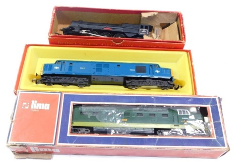 Three OO gauge railways, comprising Lima Trains buffet car, a Tri-ang Hornby Inter-City electric diesel Co-Co locomotive R751, a Tri-ang Railways R50-46-2 Princess locomotive, black livery, boxed. (3)