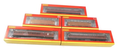 Hornby coaches, boxed, comprising extra long CCTV van, AR6682, R6682A, R4690A, R4691, and R4689A. (5)