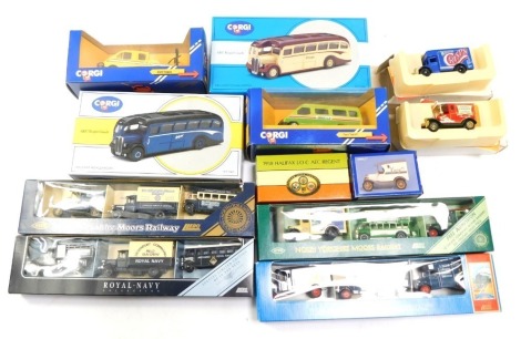 Corgi diecast vehicles, comprising AEC Regal Coach 97190 and 97189, NYMR Rail Set, Royal Navy Set, LNER, Corgi Classics, etc. (1 tray)