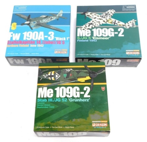 Three Dragon Wings War Birds Series diecast aeroplanes, comprising FW190 A-3, ME109G-2, 6./JG5, and the ME109G-2 Stab, boxed. (3)