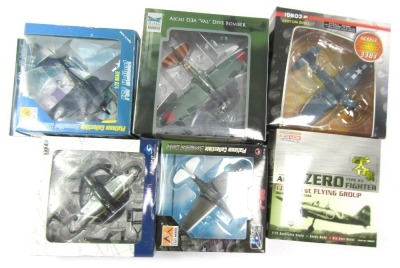 Diecast model Japanese air crafts, comprising War Master by Solido, The Easy Model F6 F Hellcat, P39, Corgi War Birds, Dragon A6720 Fighter, and the Aichi D3A Valdive Bomber, boxed. (6)