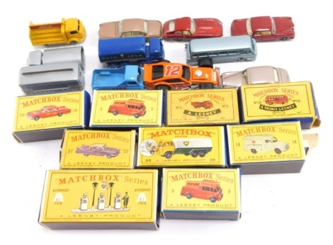 Matchbox Series model cars, comprising No 9 Fire Truck, A1 garage pumps, 25BP Tanker, 14 Lomas Ambulance, 27, 9, 59, 3, 58 and other unboxed models. (a quantity)