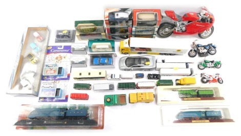 Diecast vehicles and cars, boxed Oxford Classics, Cararama, Morrison's truck, motorbike, Ducati 999, play worn vehicles, etc. (2 trays plus)