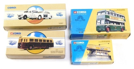 Corgi Classics vehicles, comprising Leicester open top tram set, 36602, Nottingham City Transport Carrier W Trolley Bus Set, 34701, Leicestershire Police Set, 97697, and The Weymann single deck bus Leicester City Transport, 97810, boxed. (4)