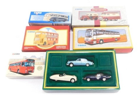 Six Corgi diecast collectables, comprising a Burlington Seagull Stratford Blue 97172, Midland Red Leyland Leopard, Midland Fox, Leicester Promotional Bus, a Tellus Midland Red Plaxton Coach, Jaguar three classic models, Through The Years, and Corgi Britis