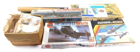 Revell Airfix and Matchbox kit builds, comprising Airfix 1:600 HMS Repulse Series 6, Revell USS North Carolina, Revell British Bow Fighter MK1F, Airfix Avro Lancaster B11 Dambuster, and the Matchbox Handley Page Halifax, boxed, with a group of Airfix maga