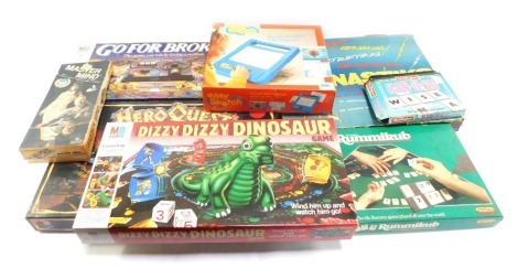 Board games, comprising Magnastiks, Go For Broke, Heroquest, Dizzy Dizzy Dinosaur, Easy Sketch, etc. (1 box)