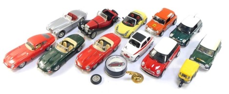 Diecast vehicles, comprising three Burago Jaguar E, 1948 Jaguar, Jaguar SS100, four Mini Coopers, Fiat 500, Smart car, other accessories, etc. (2 trays)