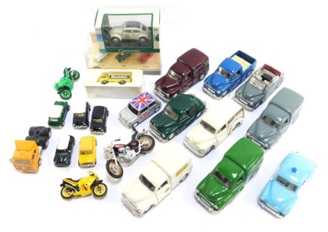 Diecast vehicles, Camaro Cars, police cars, cased Maisto Ducati and Triumph motorcycles, etc. (2 trays)