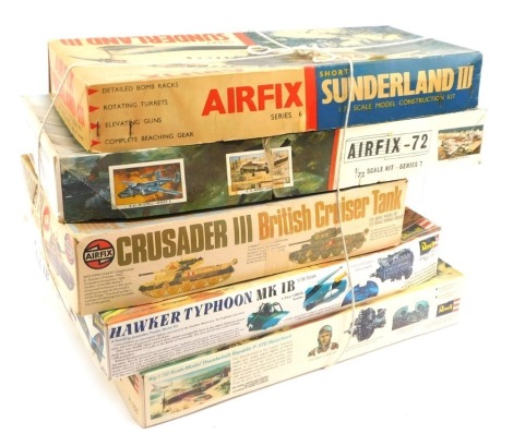 Revell and Airfix kit builds, comprising Airfix Sunderland 3, B29 Super Fortress, Crusader 3 British Cruiser Tank, Revell Hawker Typhoon MK1B, and a Revell Thunderbolt Replica, boxed. (5)