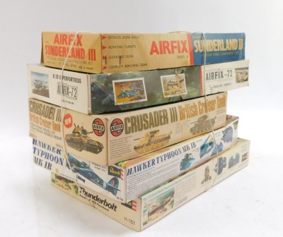 Revell and Airfix kit builds, comprising Airfix Sunderland 3, B29 Super Fortress, Crusader 3 British Cruiser Tank, Revell Hawker Typhoon MK1B, and a Revell Thunderbolt Replica, boxed. (5) - 2