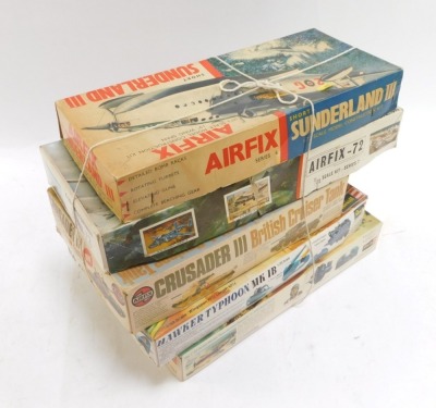 Revell and Airfix kit builds, comprising Airfix Sunderland 3, B29 Super Fortress, Crusader 3 British Cruiser Tank, Revell Hawker Typhoon MK1B, and a Revell Thunderbolt Replica, boxed. (5) - 3