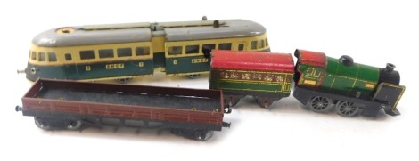 Tin plate railway accessories, comprising a Joustra French two tone rail car, tin plate Hornby Series locomotive and carriage, and flat bed wagon. (1 tray)