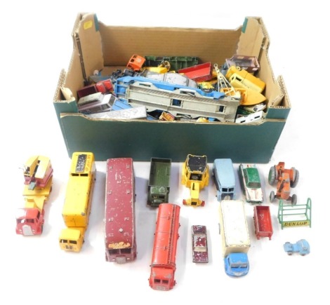 Diecast vehicles, play worn, AA mobile, truck bed trollies, Dinky, Corgi, Lesney and others. (1 box)