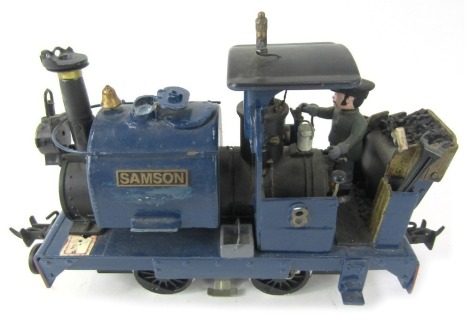 A Playmobil Samson G scale locomotive, with driver in blue.