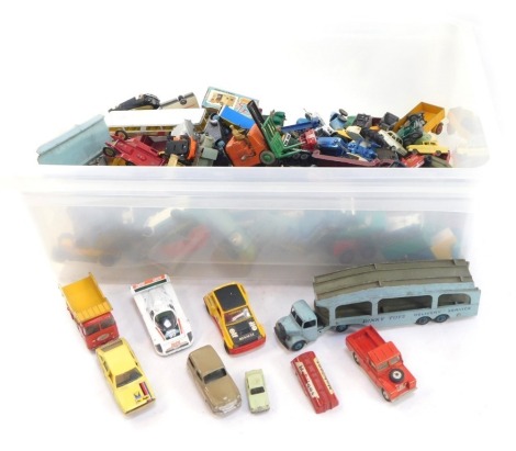 Dinky Corgi and other diecast vehicles, play worn, Dinky Toys car transporter loading ramp, agricultural vehicles, cars, etc. (1 box)