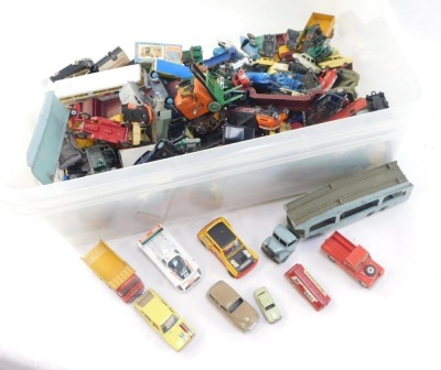 Dinky Corgi and other diecast vehicles, play worn, Dinky Toys car transporter loading ramp, agricultural vehicles, cars, etc. (1 box) - 2