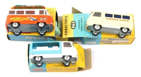 Three Corgi Toys diecast vehicles, comprising 466 Commer milk float, 508 Commer Holiday Camp bus, and 463 Commer Ambulance, boxed. (3)