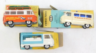 Three Corgi Toys diecast vehicles, comprising 466 Commer milk float, 508 Commer Holiday Camp bus, and 463 Commer Ambulance, boxed. (3) - 2