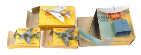 Four Dinky diecast aeroplanes, comprising 734 Submarine Swift Fighter, 736 Hawker Hunter Fighter, 737 P1B Lightening, Vickers Viscount 60E, and 353 Decca Airfield Control, boxed. (4)
