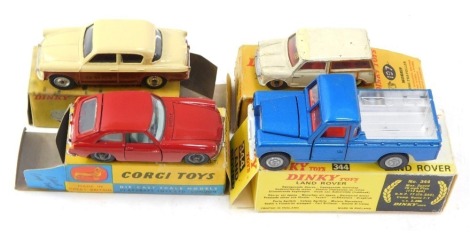 Dinky diecast models, comprising 168 Singer Gazelle, 675 Morris Mini Traveller, 327 MGB GT, and 344 Land Rover, boxed. (4)
