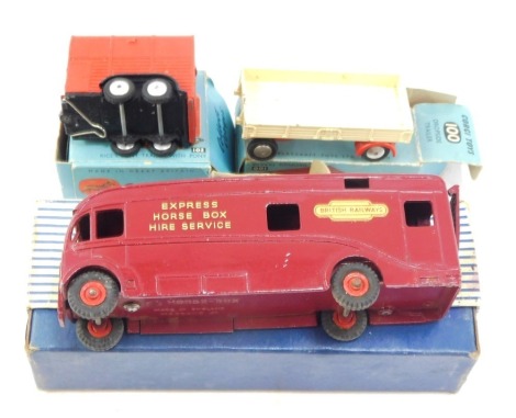 A Dinky Toys Peridian Wagon 981, Corgi Toys 100 drop side trailer, and a Corgi Toys 102 Rice's Pony Trailer, boxed. (3)