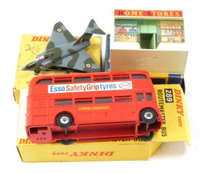 Dinky and Matchbox Series diecast models, comprising a Dinky 289 Routemaster Bus, Dinky 735 Gloster Javelin Fighter, and a Matchbox Series Lesney A5 Home Store, boxed. (3)