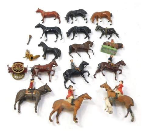 Lead painted horses, figures on horseback, etc. (1 tray)