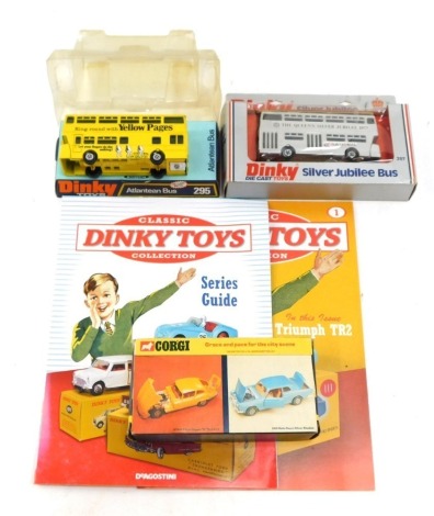 Dinky Toys models and accessories, Corgi London Routemaster Bus 469, a Ring Round with Yellow Pages Dinky Toys model, diecast Dinky Toys Silver Jubilee bus, and various Dinky Toy magazines. (a quantity)