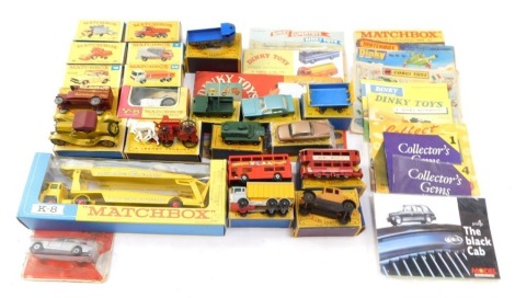 Matchbox Series Model cars, comprising Y4, Y8, No 7, 18, 65, 4, 37, 12, Y6, 54, 48 (x2), 47, 17, 28, and K8, boxed, and various Matchbox pamphlets. (1 tray)