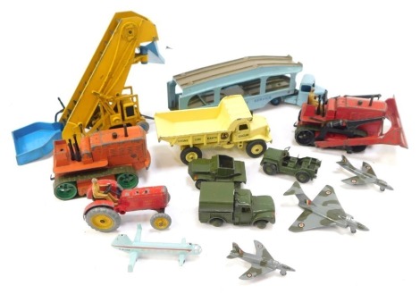 Corgi and Dinky diecast vehicles, play worn, agricultural tractors, Army vehicles, aeroplanes, etc. (1 tray)