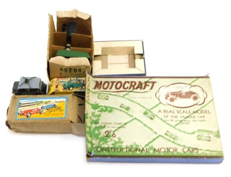 A Motorcraft car set, Dinky Mini Moke Austin 342, Astra Railway Changing Light, Gallitoy tin plate racing car, some boxed, and a Dinky parachute box (lacking contents). (a quantity)