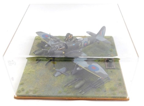 A diorama model of a Westland Whirlwind aircraft, 1:32 scale, in perspex case, 20cm high, 39cm wide, 38cm deep.