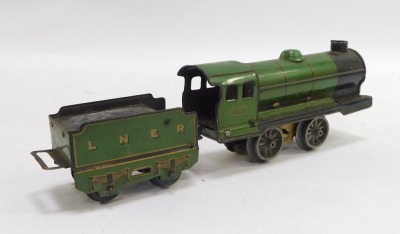 A tin plate locomotive and tender, carriage number 490 LNER green livery. - 2