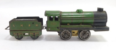 A tin plate locomotive and tender, carriage number 490 LNER green livery. - 3