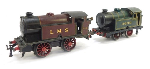 Two tin plate locomotives, red LMS 2270 and green locomotive 3630. (2)