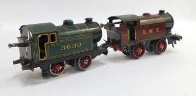 Two tin plate locomotives, red LMS 2270 and green locomotive 3630. (2) - 2