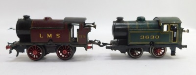 Two tin plate locomotives, red LMS 2270 and green locomotive 3630. (2) - 4