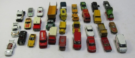 A group of Matchbox Lesney and other diecast vehicles, play worn, to include Dodge Trucks K-16 Fruehauf Tipper King Size K109, Euclid No 6 truck, Matchbox Superkings No 69 armoured truck 1978, Matchbox Taxi FX4R, 1:60 scale, emergency vehicles, etc. (1 bo