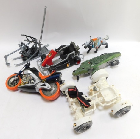 Action Man vehicles, comprising Moon Buggy, Go-Kart, Motorbike, Ski, Alligator Bad Guy, and Wolf. (1 box)