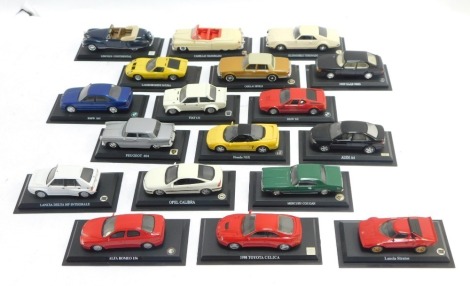 A group of diecast collector's cars, each on a black plastic plinth, to include Cadillac, BMW, 1989 Saab, Lambourghini, Lincoln Continental, etc. (1 box)