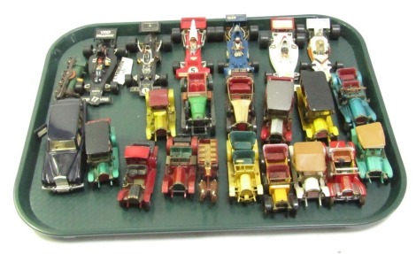 A group of diecast cars and racing vehicles, play worn, to include John Player Special, Firestone, Elf and others, Lesney Models of Yesteryear, etc. (1 tray)