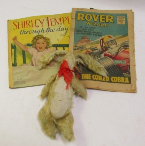 A blonde plush jointed Hare Teddy Bear, a Rover and Wizard magazine, and a Shirley Temple Through The Day Collector's Book. (3)