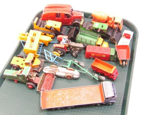 A group of diecast vehicles, play worn, cement mixers. Tonka truck, racing cars, etc. (1 tray)