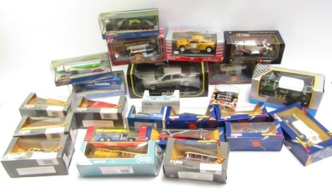 Corgi Burago and other diecast vehicles, Corgi BP Orangina and Perrier advertising lorries, Corgi Classics AEC 508 forward control 5 ton cab over, Bedford O Series van, Bedford Type B coach, AEC 508 forward control cab over, and others, boxed. (a quantity