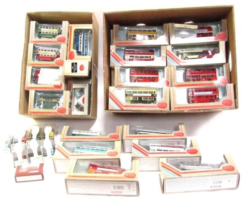 Exclusive First Edition diecast buses, 1:76 scale, boxed, and a small group of Oxford Railway Scale vehicles. (2 boxes)