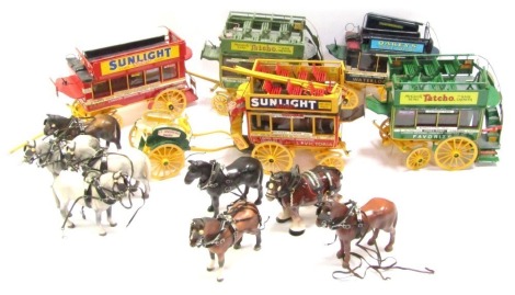 Horse models and wooden towing carriages, spare parts, etc. (1 box)