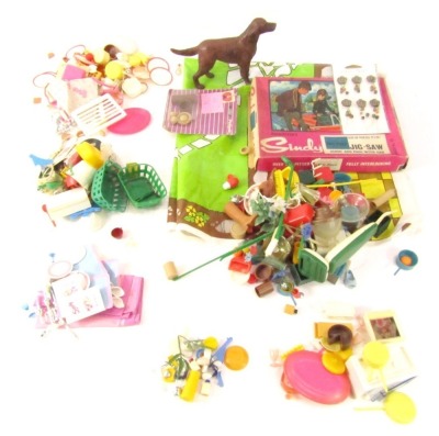 Sindy accessories, comprising Waddington's Sindy jigsaw, outfits, in blister packs, household wares, etc. (1 box)