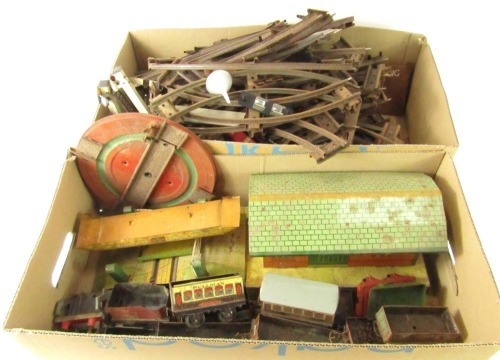 Various railway accessories, 00-gauge track, Hornby tin plate out buildings, carriages, Pullman coaches, wagons, etc. (2 boxes)