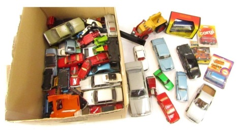 Diecast playworn vehicles, diggers, cars, cased Corgis, etc. (1 box)